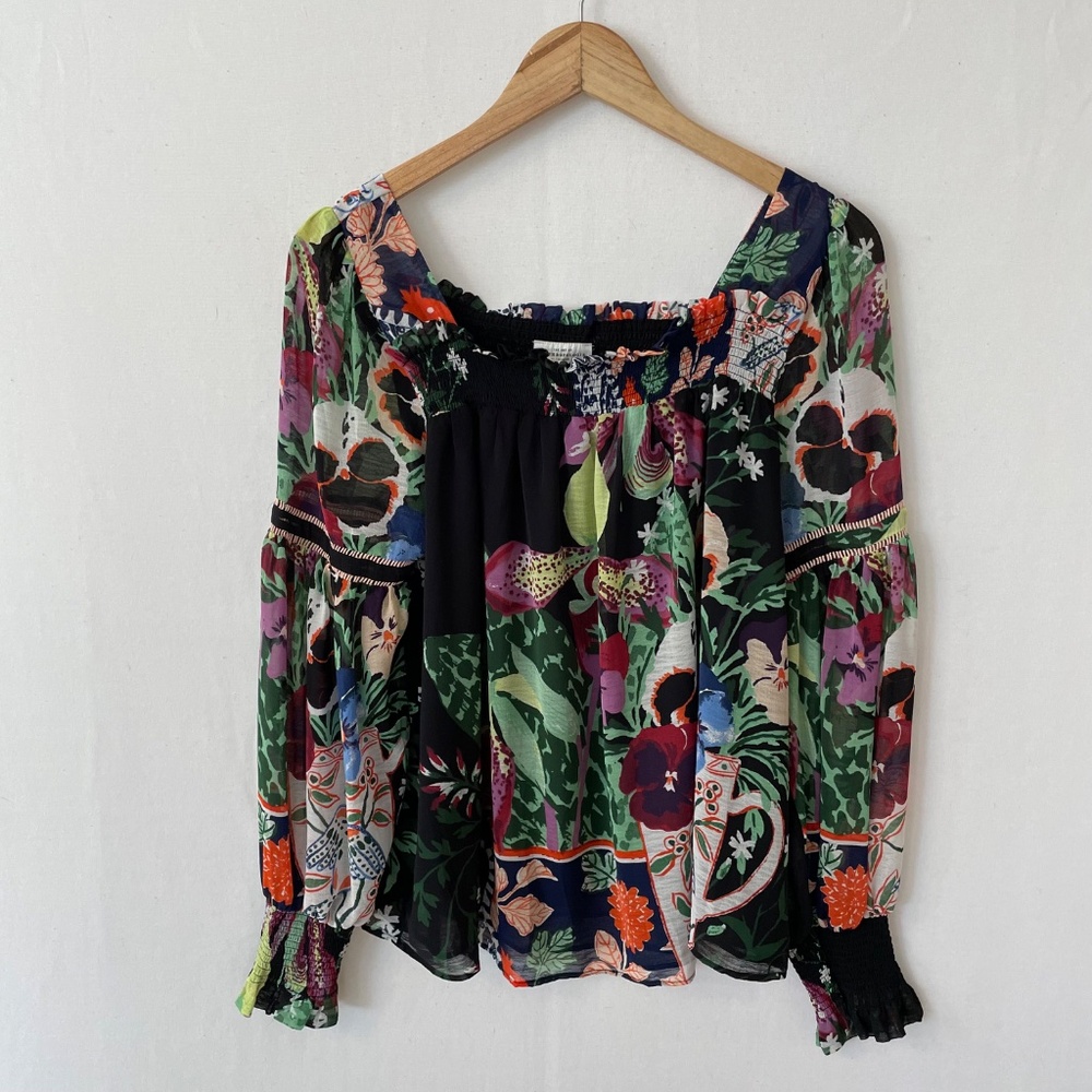 ANTHROPOLOGIE Womens Small Lil Sire Puff Sleeve Blouse Smocked Dark Florals - Picture 7 of 7